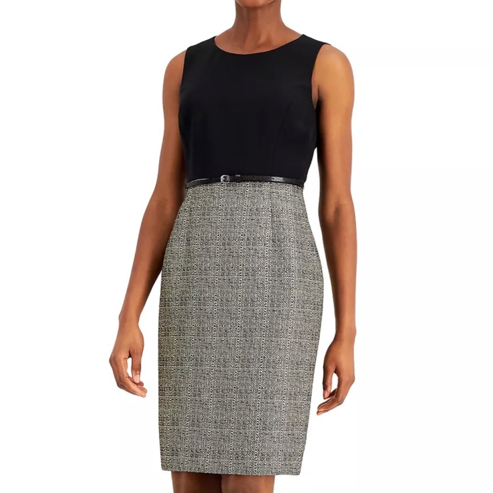Anne Klein Black and Gray Tweed Belted Sheath Dress